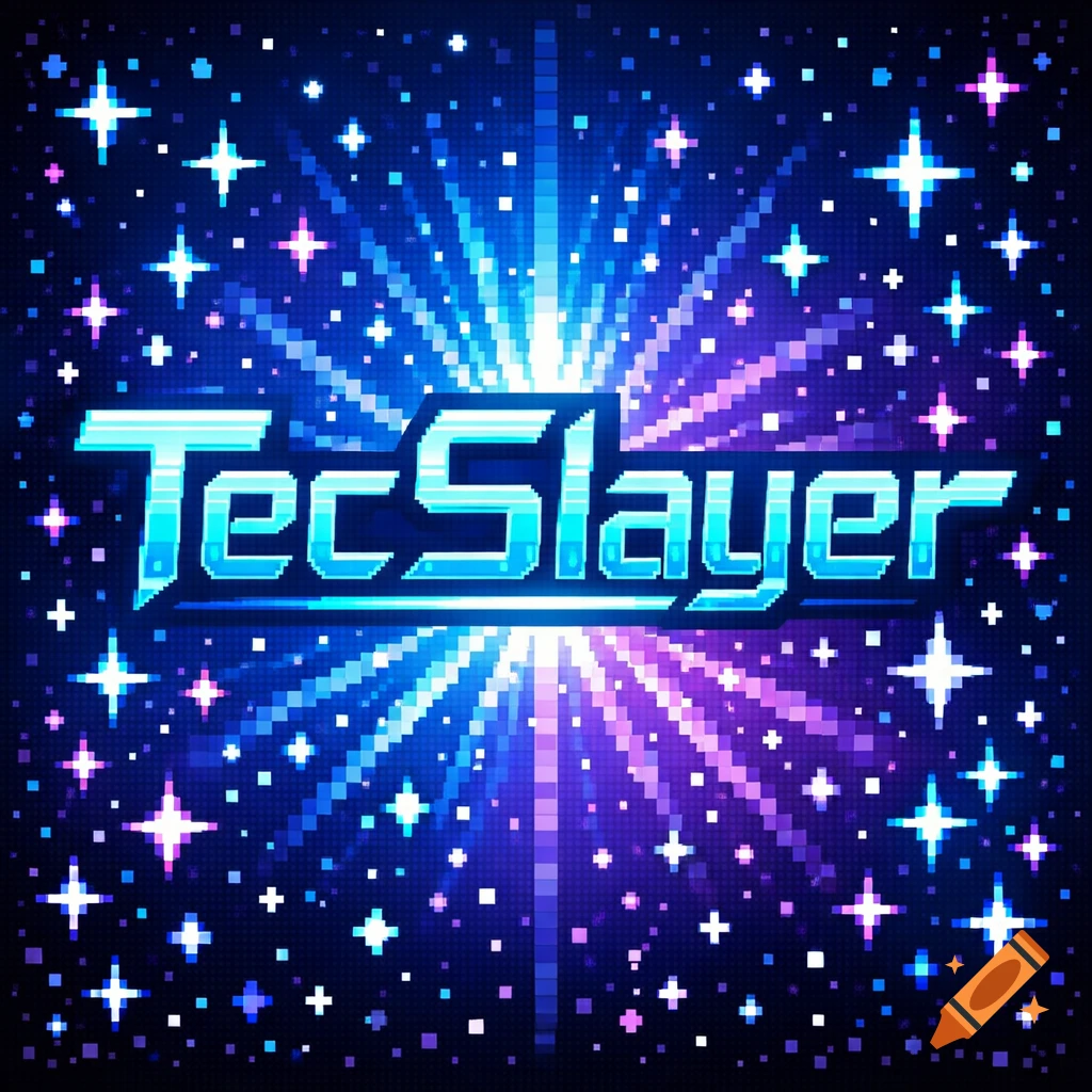 Pixel art logo for 'TecSlayer' in blue and purple, surrounded by glowing stars and light rays on a dark background.