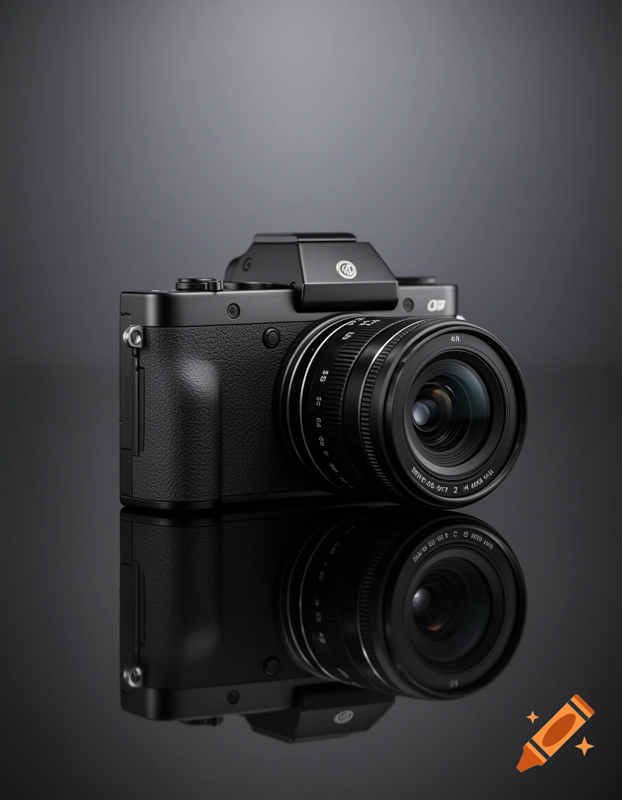 A black mirrorless camera with a dark lens is perfectly reflected on a glossy black surface against a dark gray background.