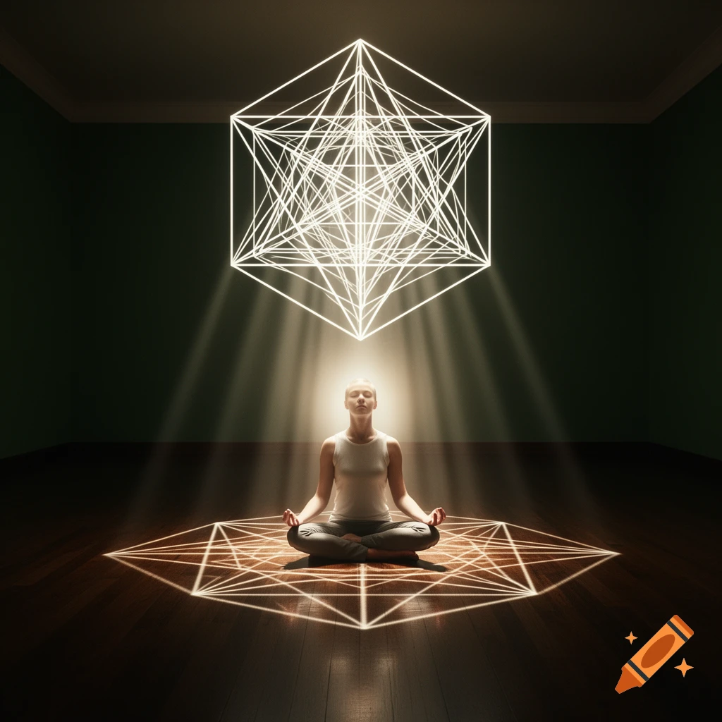 A person meditating in lotus position under a large glowing geometric Metatron cube, with light patterns illuminating the floor.