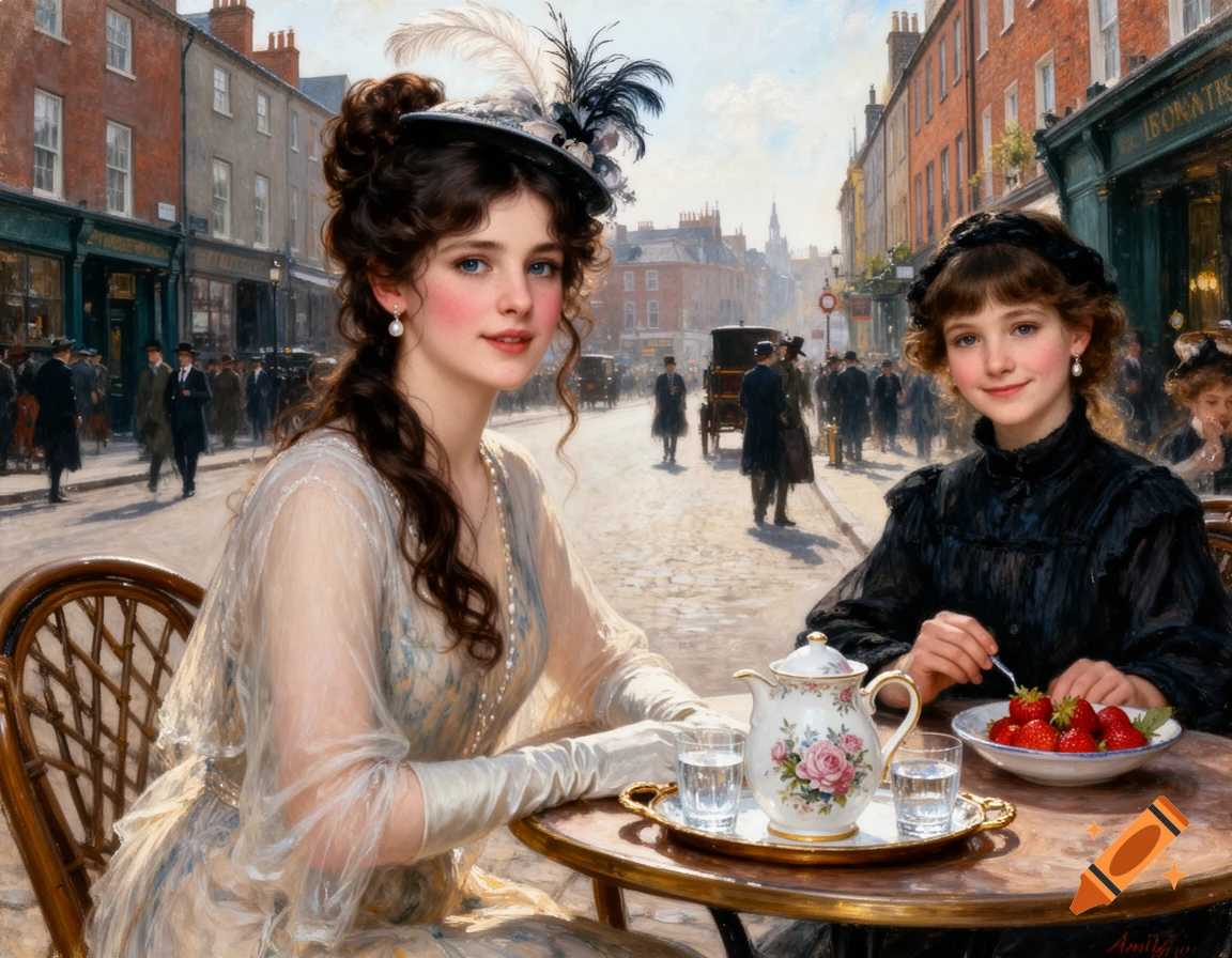 Impressionist painting of two young women in vintage attire sitting at an outdoor cafe on a bustling 1800s city street, one holding a strawberry.
