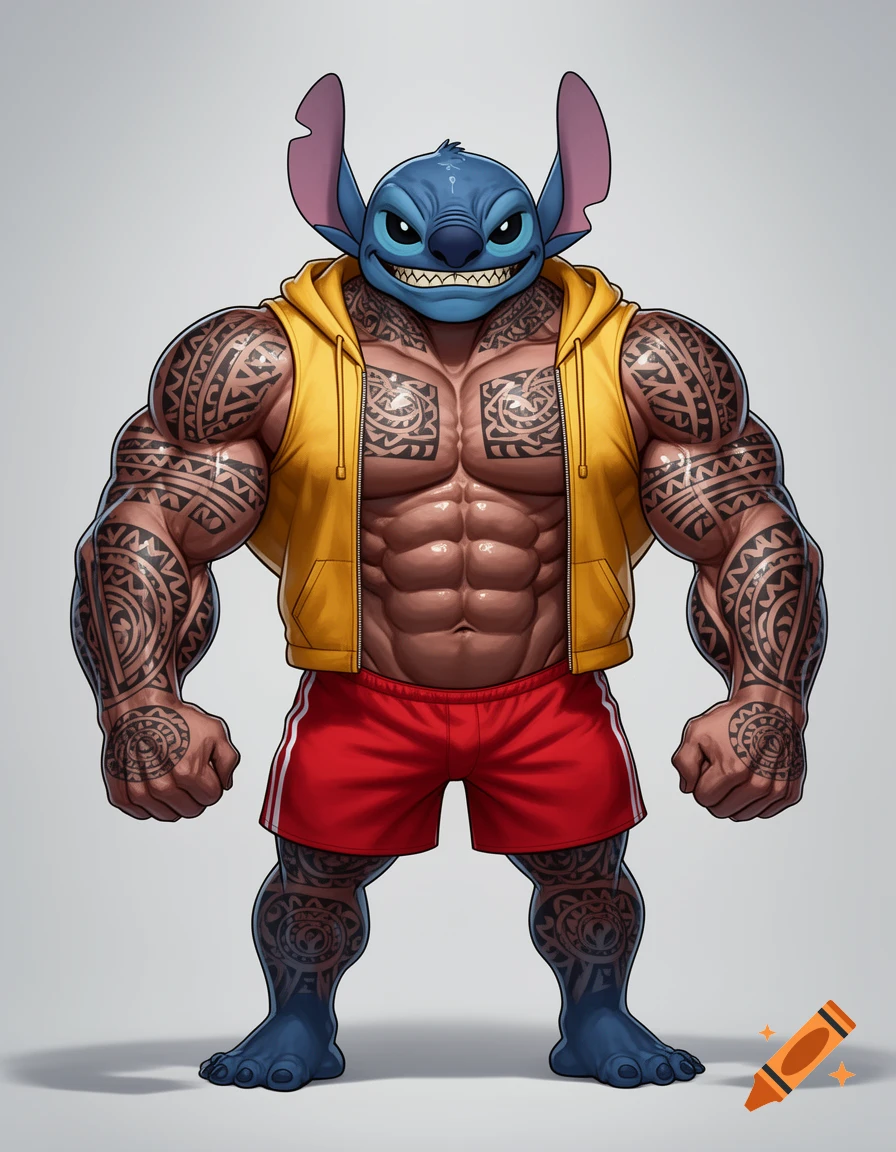 Cartoon illustration of a muscular Stitch from Lilo & Stitch, wearing an open yellow hoodie, red shorts, and covered in Polynesian tattoos.