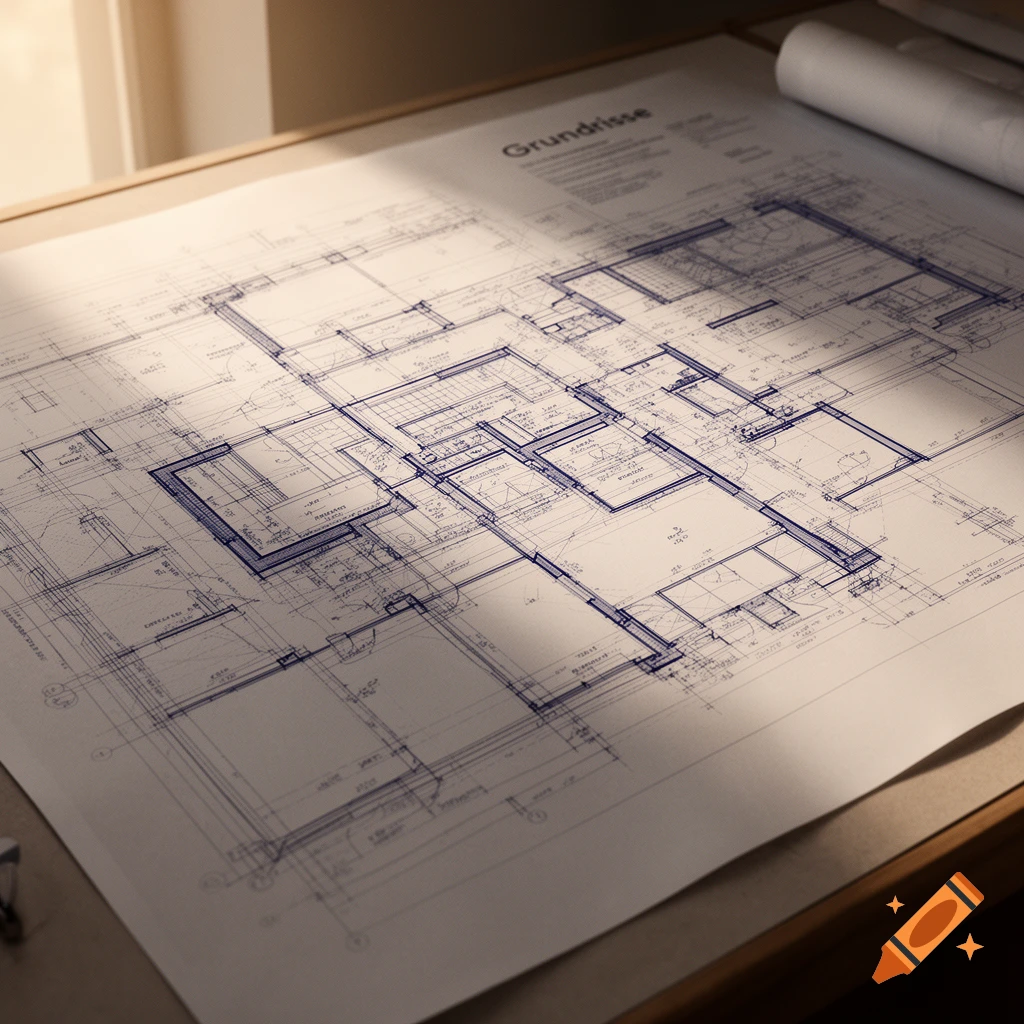 Detailed blue architectural blueprint or floor plan, with 'Grundrisse' visible, on a table with a rolled paper.