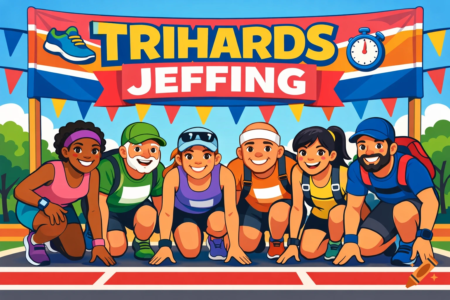 A vibrant cartoon illustration of six diverse runners at the start line of a race, under a banner reading 'TRIHARDS JEFFING'.