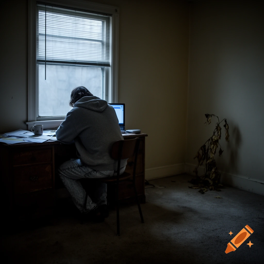 A person in a grey hoodie sits with their back to the camera at a wooden desk with a laptop, facing a window in a dimly lit room. A dead plant is in the corner.