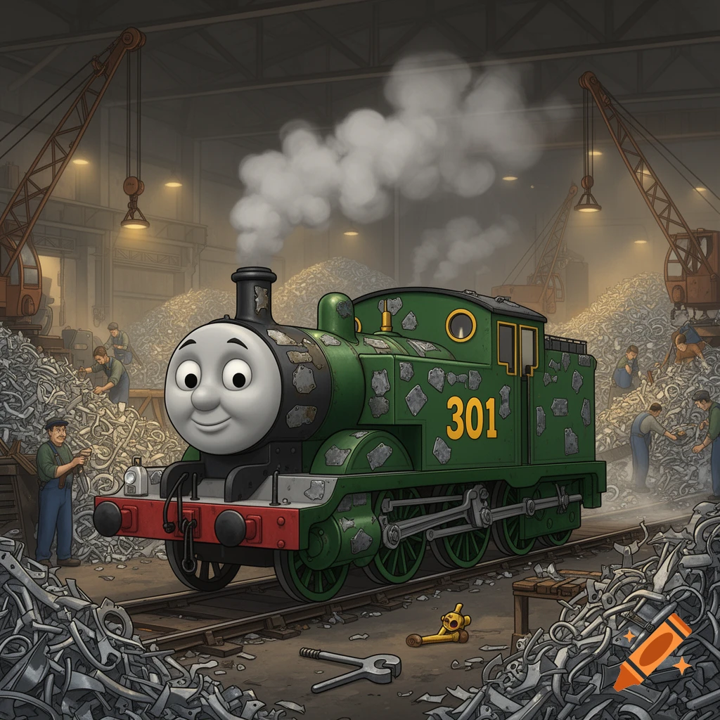 A green cartoon steam engine with the number 301 on its side, smiling in a junkyard with piles of scrap metal and workers.