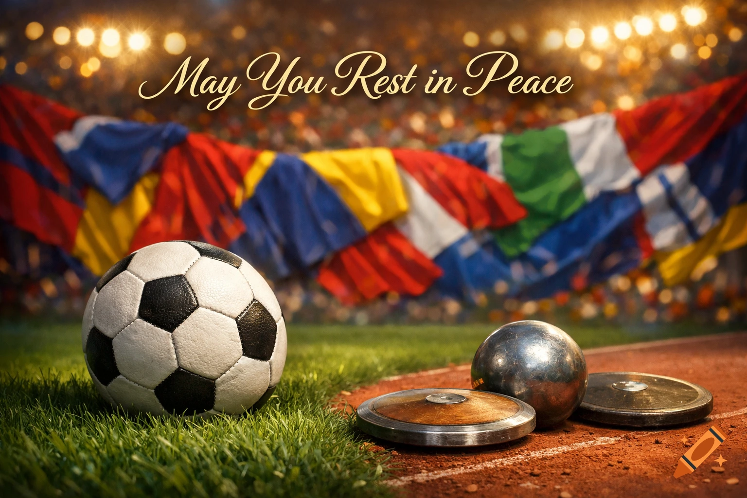 A soccer ball on grass and track & field equipment on a track, with colorful flags and stadium lights. Text: 'May You Rest in Peace'.