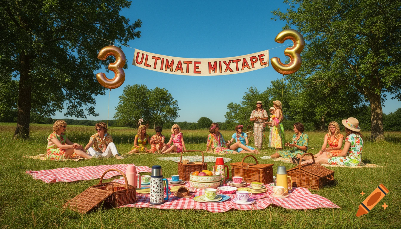 A retro-style outdoor picnic with people in colorful outfits, a banner reading 'Ultimate Mixtape', and '3' balloons.