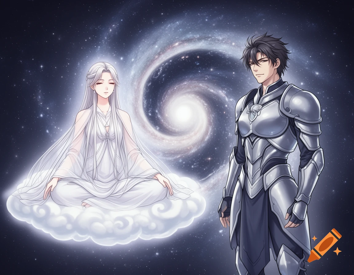 Anime style Yin and Yang with a serene white-haired woman on a cloud