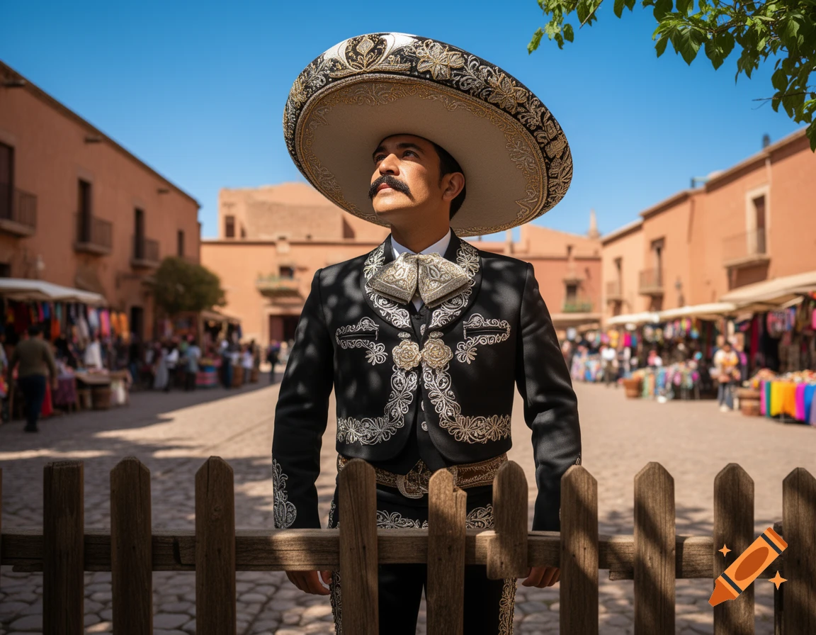 A man in a black mariachi suit and large sombrero stands behind a wooden fence, looking up in a sunny town square with terracotta buildings.