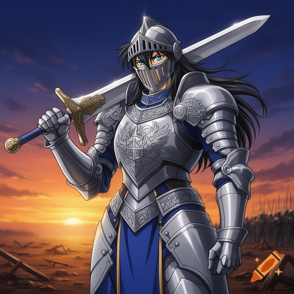 An anime knight in detailed silver and blue armor holds a sword over her shoulder on a sunset battlefield.