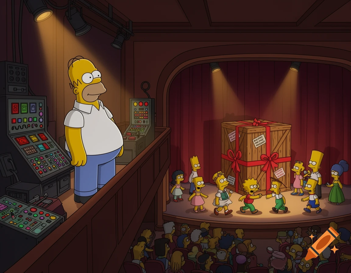 Homer Simpson overlooks a theater stage where several Simpsons-style characters move a large, red ribbon-wrapped wooden crate.