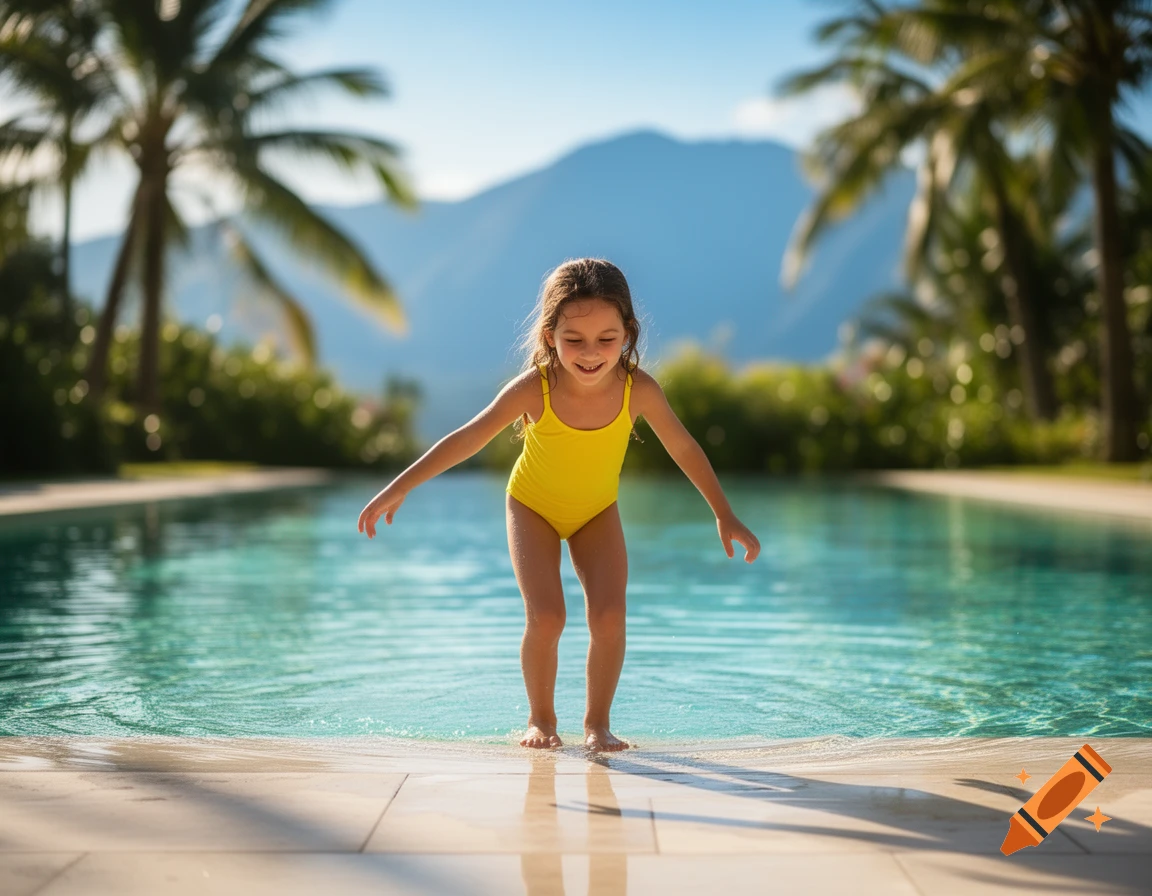 A happy young girl in a yellow swimsuit stands at the edge of a swimming pool with palm trees and mountains in the background.