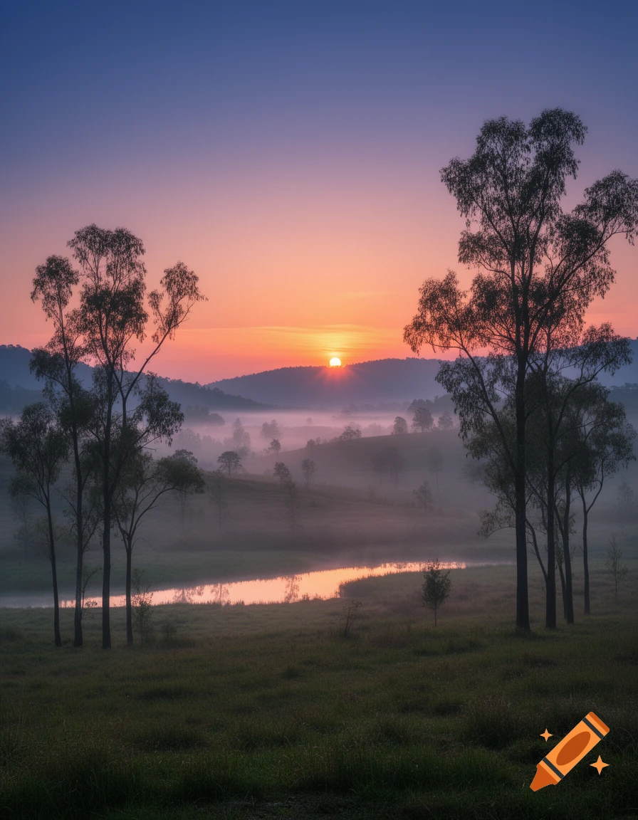 Serene dawn landscape with mist over fields, silhouetted trees, and a river reflecting the sunrise.