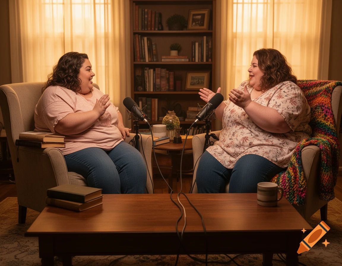 Two smiling chubby women record a podcast, sitting in armchairs with microphones and books in a cozy room.