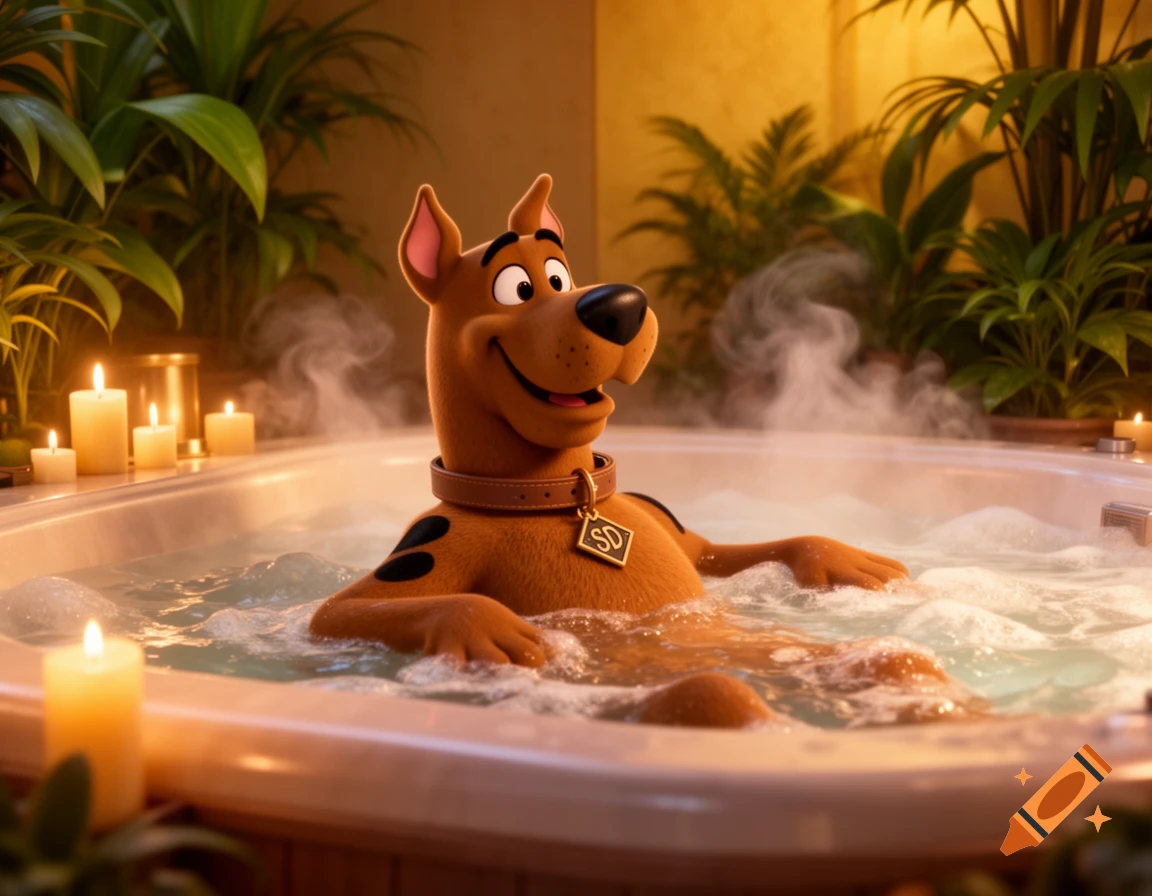 Scooby-Doo relaxes in a steaming hot tub surrounded by candles and plants, rendered in 3D animation style.