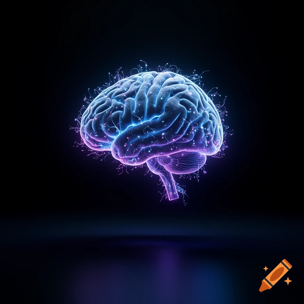 A glowing human brain, rendered in vibrant neon blue and purple, with neural connections radiating outwards against a dark background.