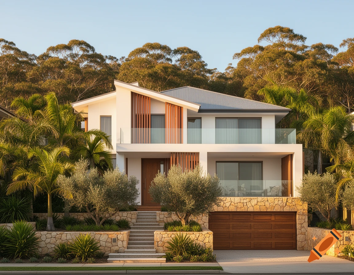 Photorealistic architectural render of a modern two-story white house with wooden accents, glass balconies, and a stone garage, surrounded by lush tropical and olive tree landscaping.