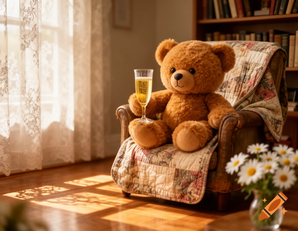 A fluffy teddy bear sits in a cozy armchair, holding a mimosa glass by a sunlit window, with a bookcase in the background.