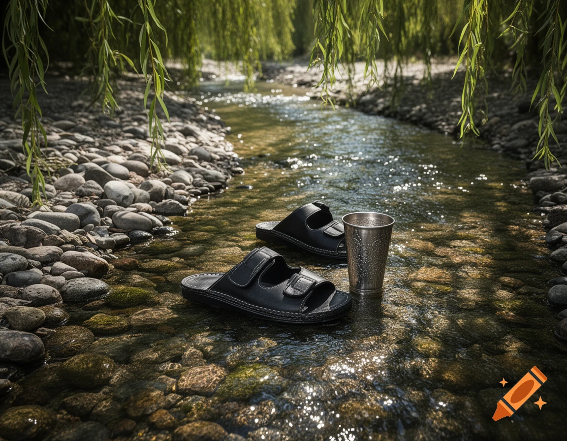 Black sandals and a silver ornate cup rest in a shallow, rocky stream under weeping willow branches, photorealistic.