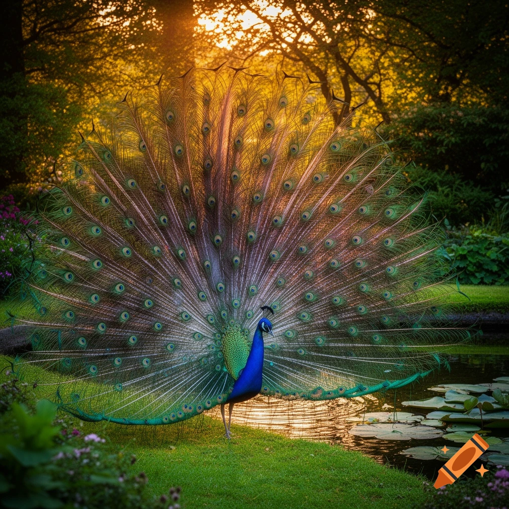 A vibrant peacock displays its full plumage in a lush garden by a pond, bathed in golden sunset light through trees.
