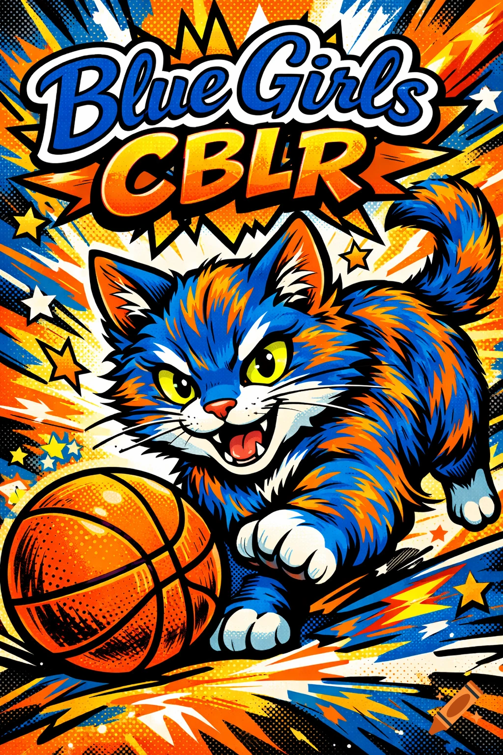 A vibrant blue and orange striped cat with yellow eyes in a comic art style, dribbling a basketball. Text reads 'Blue Girls CBLR'.