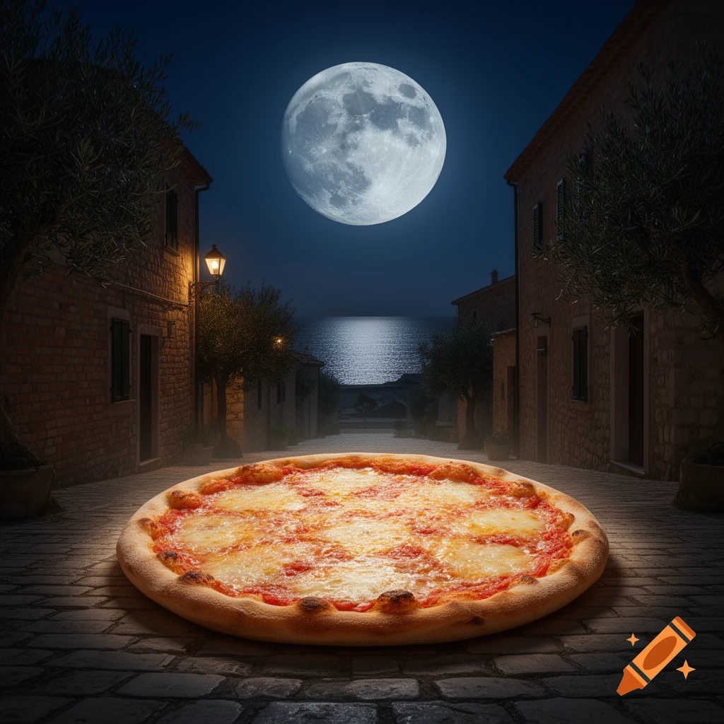 A large, glowing pizza rests on a cobblestone street in a moonlit European village, under a huge full moon with the sea visible.