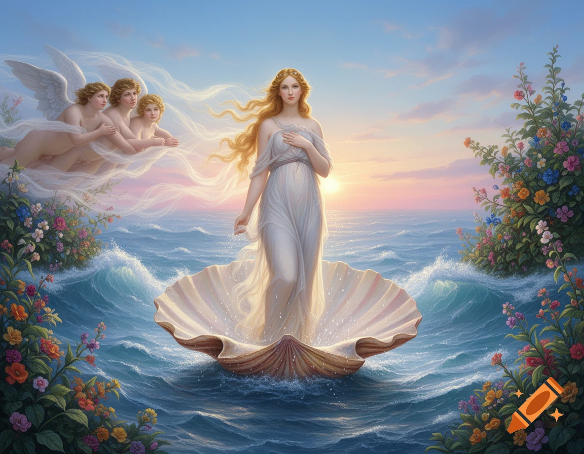 An ethereal painting of Venus standing on a seashell in the ocean at sunrise, with cherubs flying and flowers on the shore.