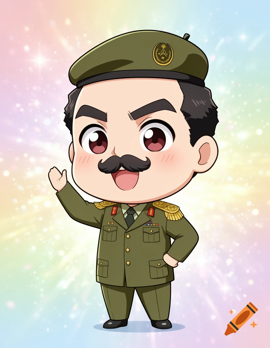Chibi anime cartoon of Saddam Hussein in a military uniform, waving, on a sparkling rainbow background.