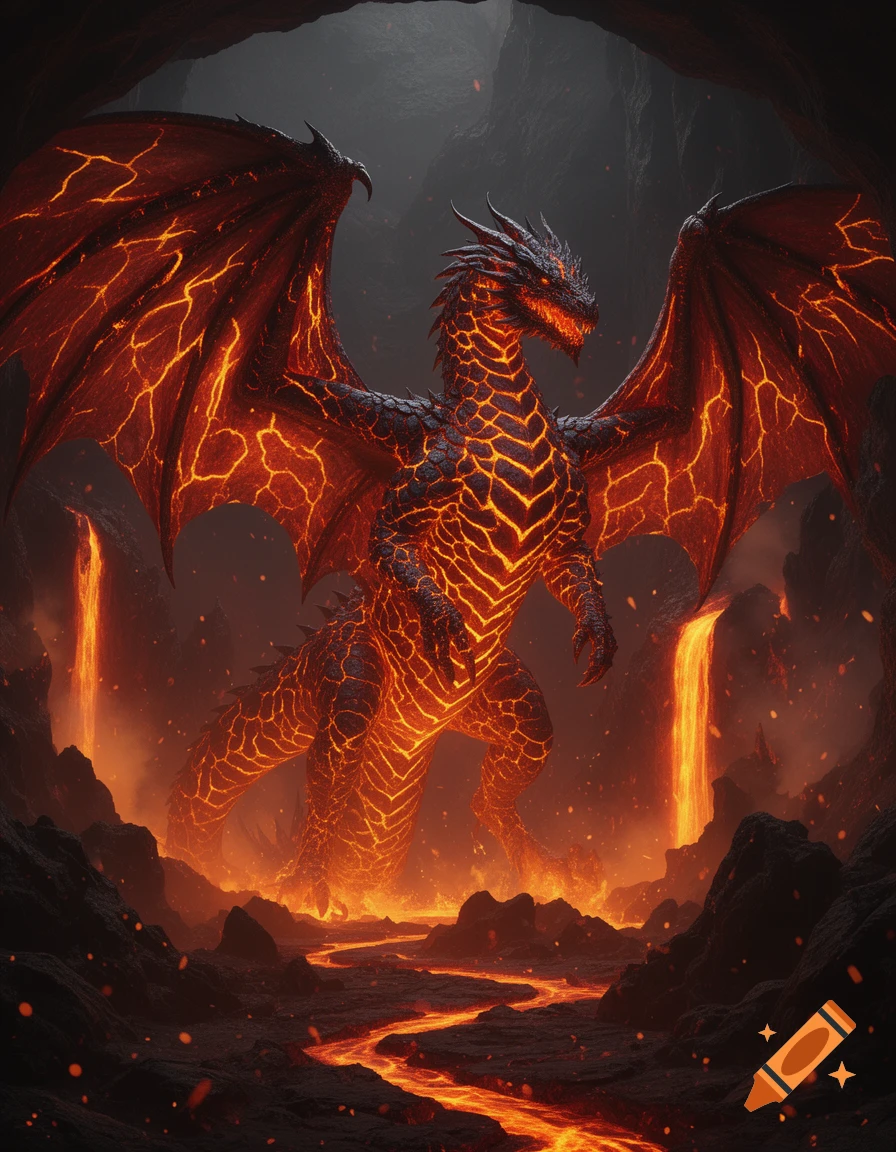 A powerful magma dragon with glowing orange cracks on its black scales stands in a dark volcanic cave with flowing lava.