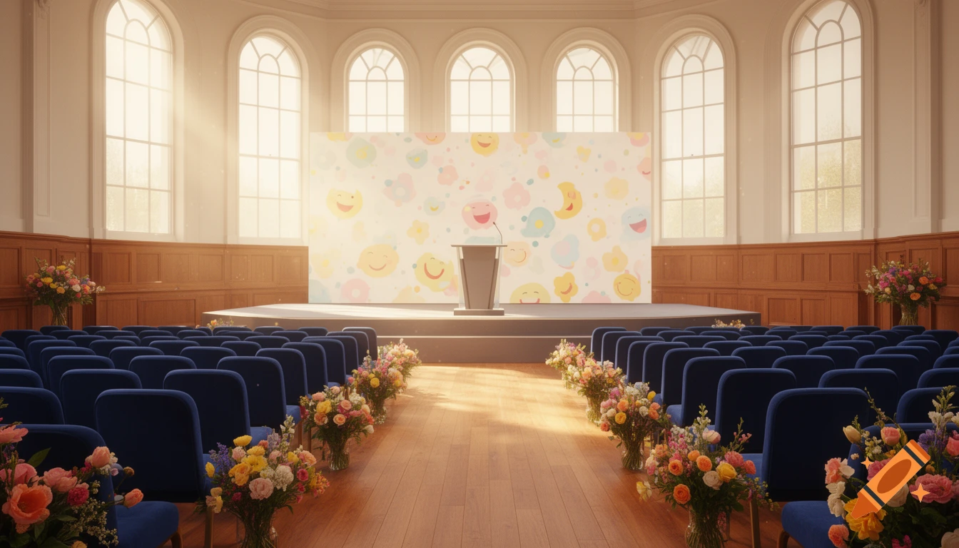 Empty auditorium with blue chairs, stage, and podium. A screen with cheerful pastel smiley faces behind. Flowers line aisles.