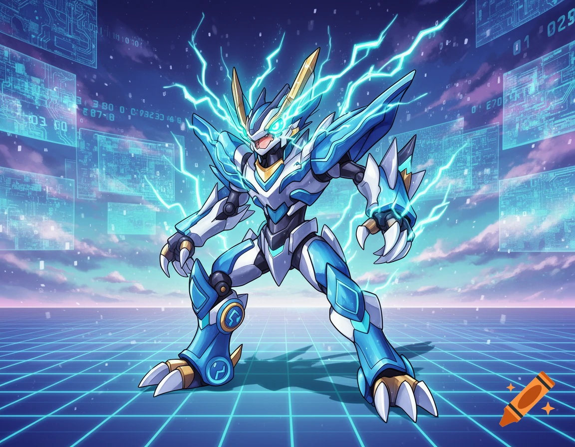 A blue and white mecha creature with glowing eyes and electricity, reminiscent of a Digimon, stands on a digital grid against a sky with data screens, anime style.