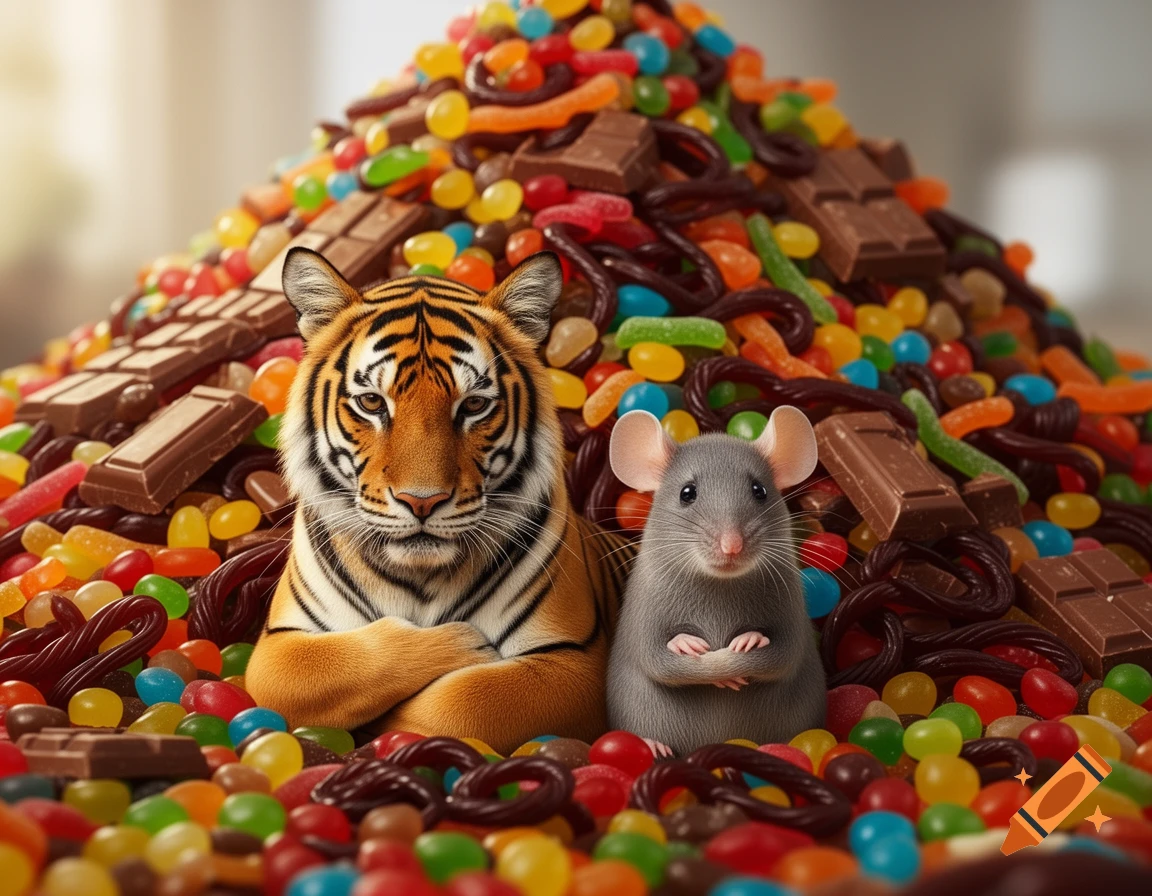 A photorealistic tiger and mouse sit in a large pile of colorful candies, chocolates, and licorice, both looking dejected.