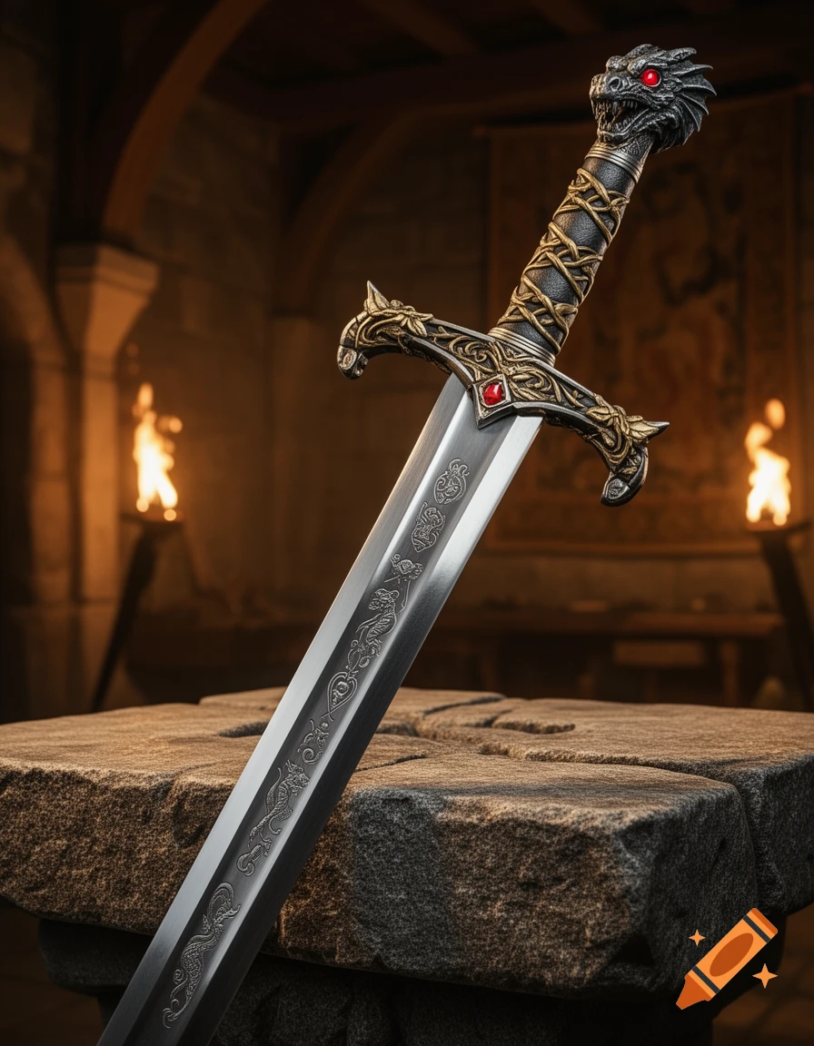 A highly detailed fantasy sword with a dragon-head hilt and ornate gold-wrapped grip, plunged into a rough stone pedestal within a dimly lit medieval hall with torchlight in the background. The blade has intricate engravings.