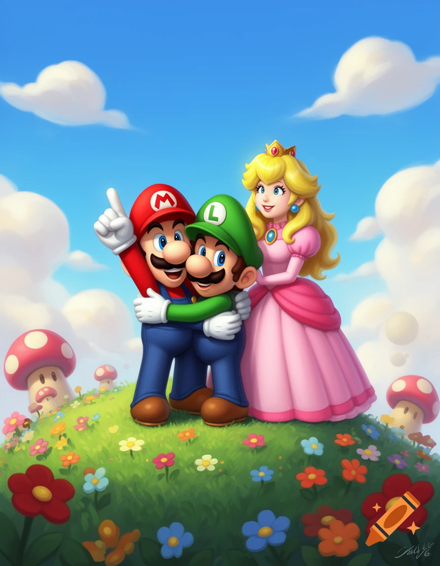 Mario hugs Luigi as Princess Peach stands nearby on a flowery hill under a blue sky, in a vibrant cartoon style.
