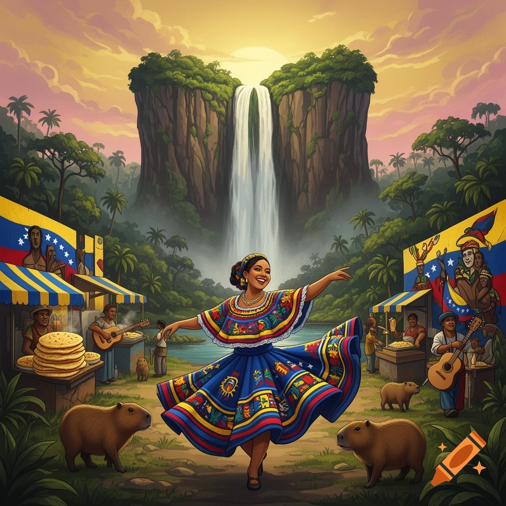 A woman in a vibrant traditional Venezuelan dress dances in front of a grand waterfall, surrounded by market stalls, lush jungle, and capybaras.