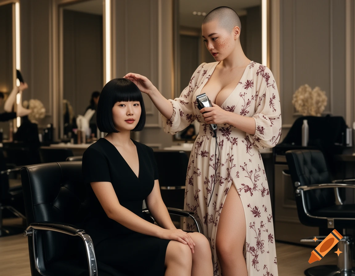 A bald woman with a clipper touches the hair of a seated woman with a bob haircut in a high-end salon.