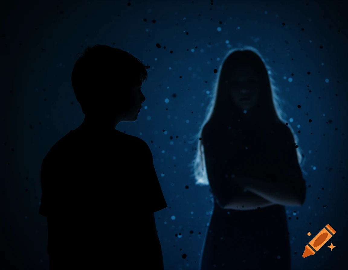 Dark silhouettes of a boy and girl facing each other in a blue-lit, particle-filled space. The boy looks at the girl, who has crossed arms.