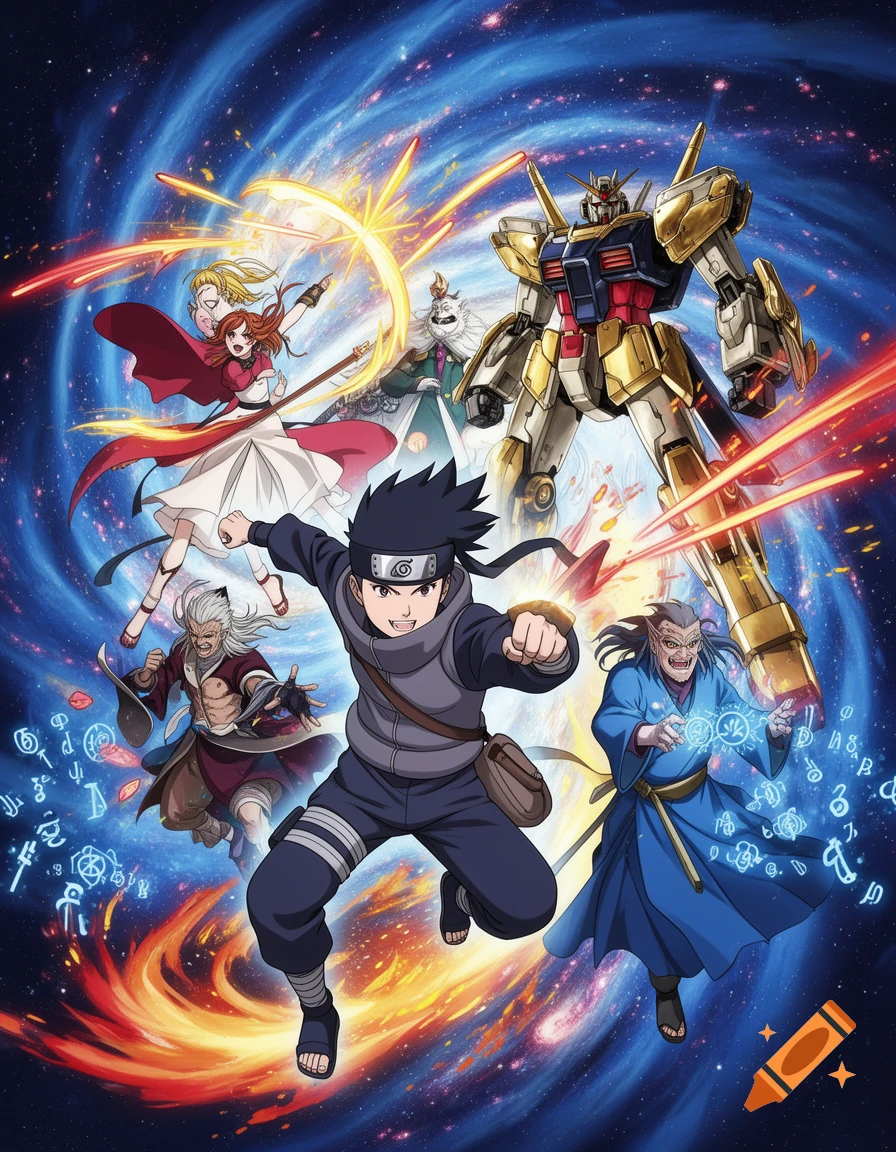 Anime characters and a gold mech soaring through a vibrant, swirling cosmic background with magical energy and explosions.