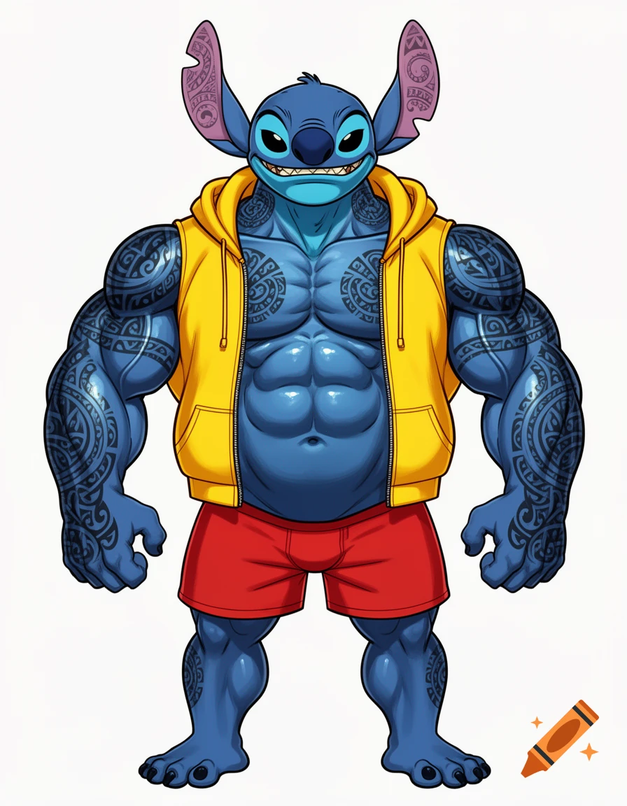 Muscular Stitch in a yellow hoodie and red shorts, covered in Polynesian tattoos.