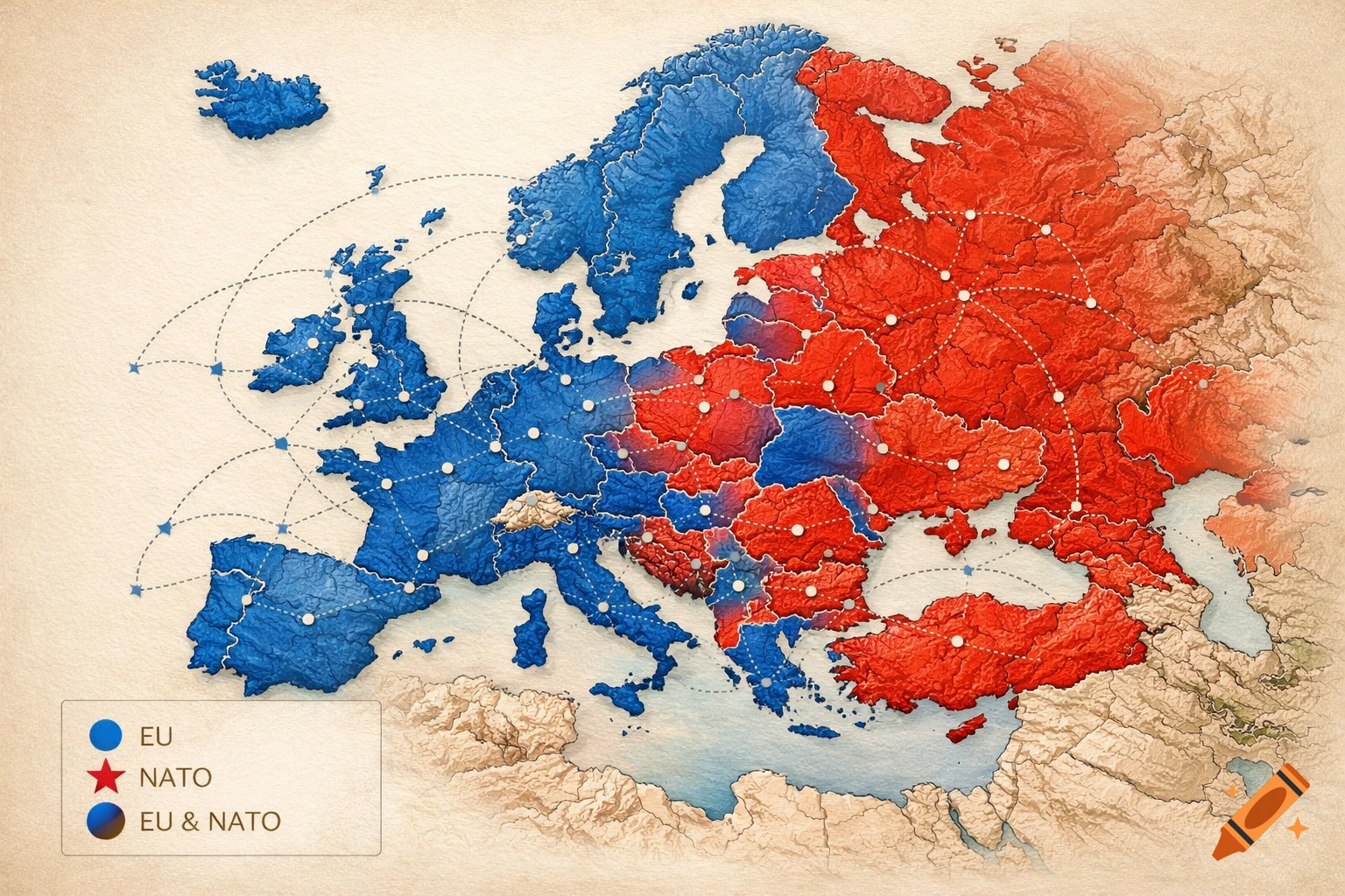 A textured map of Europe. Countries are blue for EU, red for NATO, and blue with red dots for both. A legend explains the symbols.