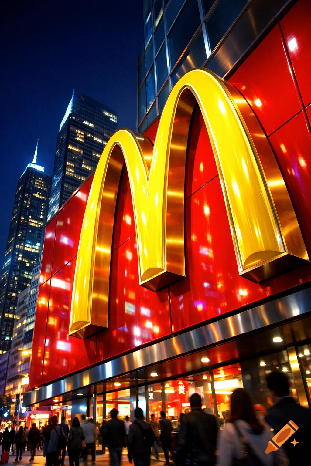 A large, glowing golden McDonald's 'M' logo dominates a red building facade at night in a bustling city street with tall buildings.