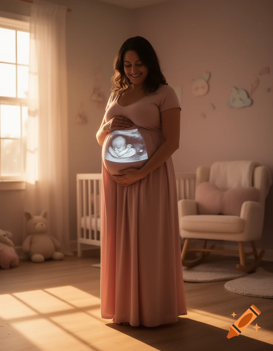 A smiling pregnant woman in a pink dress holding her belly, with a projected ultrasound of a baby on it, standing in a sunlit nursery.