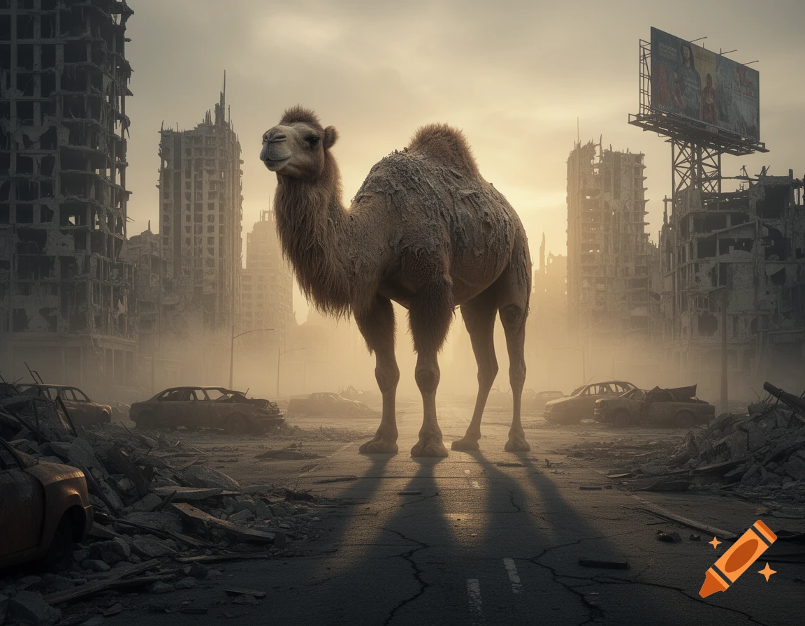 A large camel stands on a cracked road in the middle of a destroyed, dusty post-apocalyptic city with ruined buildings under a hazy sky.