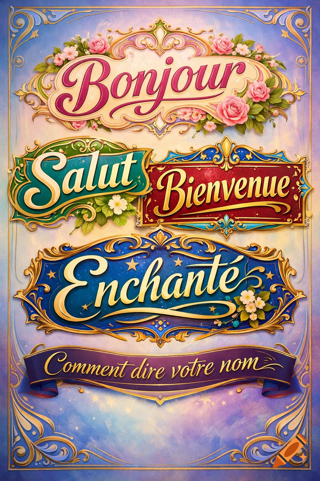 Decorative poster with French greetings: "Bonjour," "Salut," "Bienvenue," "Enchanté," and "Comment dire votre nom" in ornate frames.