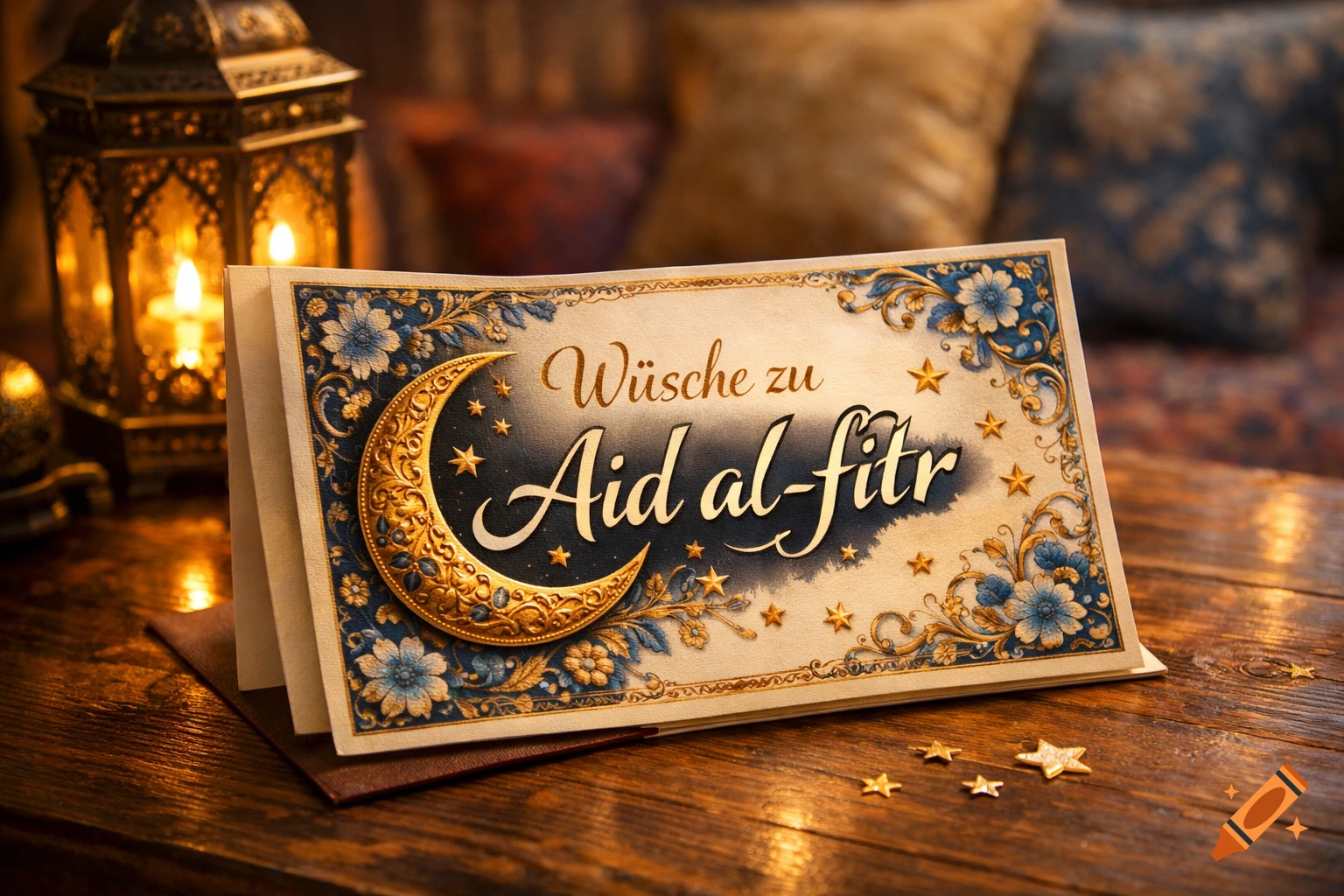 An ornate Eid al-Fitr greeting card with a golden crescent moon, stars, and blue flowers, on a wooden table with a lit lantern.