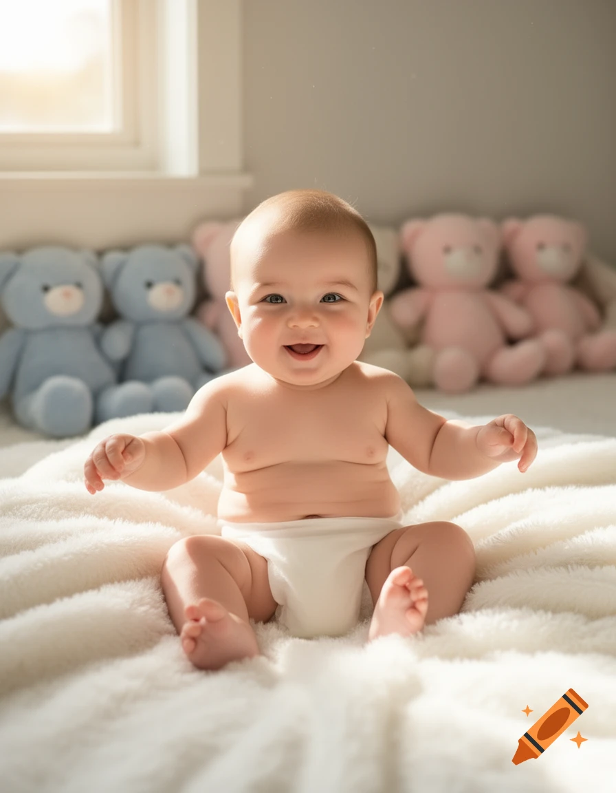 A smiling baby in a white diaper sits on a soft white blanket with blue and pink teddy bears in the background.