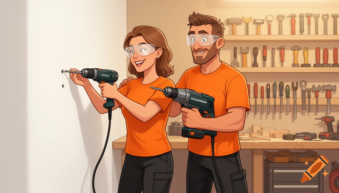 A cartoon couple in orange shirts and safety glasses drill into a wall in a workshop filled with tools.