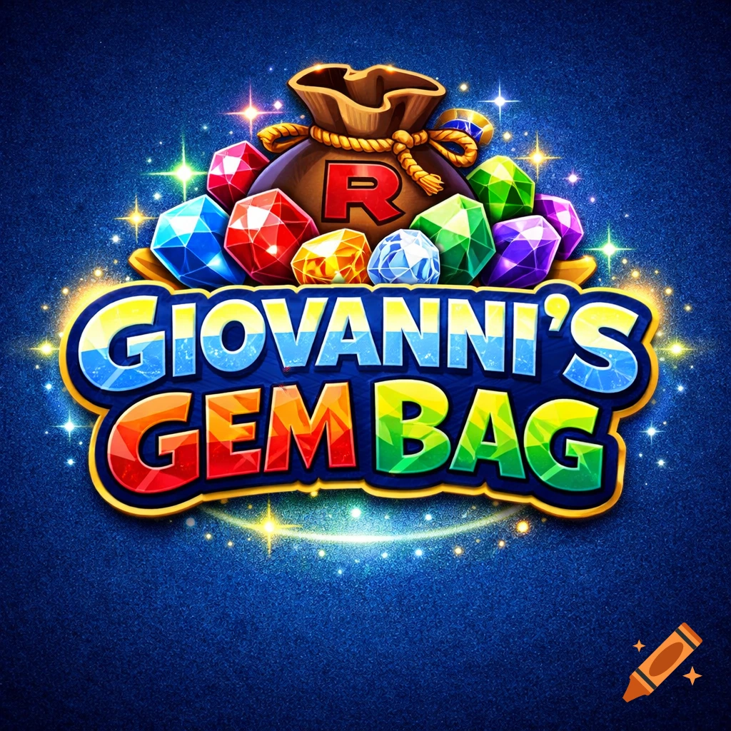 Colorful Pokemon-themed logo with a brown gem bag, an 'R', multi-colored sparkling gems, and 'GIOVANNI'S GEM BAG' text on a starry blue background.