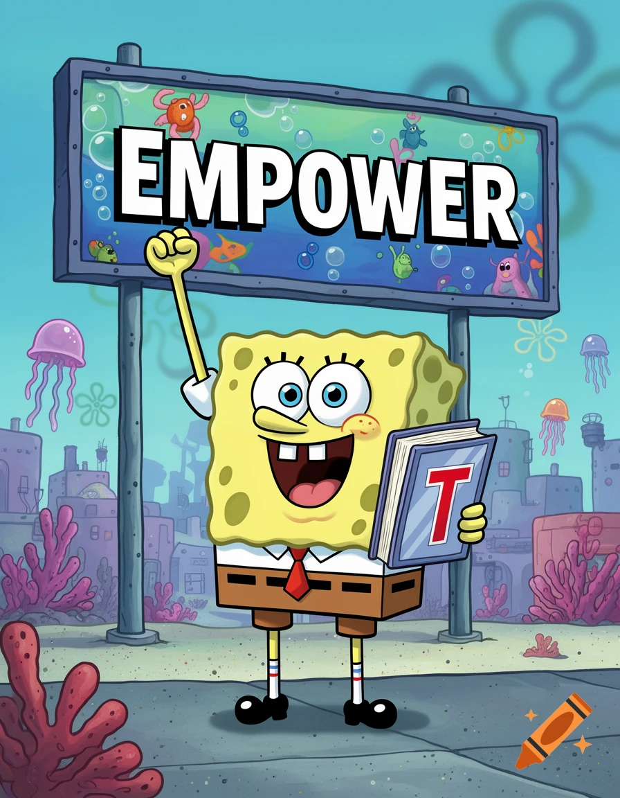 SpongeBob raises a fist next to a billboard displaying 'EMPOWER' and holds a book with the letter 'T' on it, in a cartoon underwater city scene.