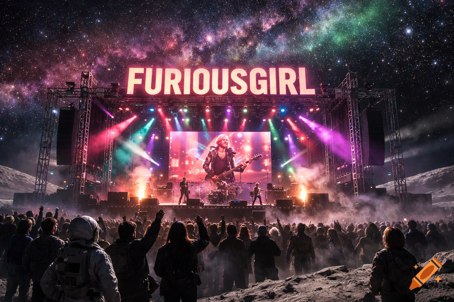 A vibrant rock concert on the Moon with a band performing on a lit stage under a starry, nebula-filled sky. "FURIOUSGIRL" glows above the stage.